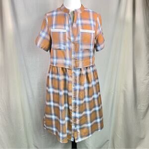 SUZANNE BETRO ~ Tan & Blue Plaid Shirt Dress w/Pocket Detail ~ Small
